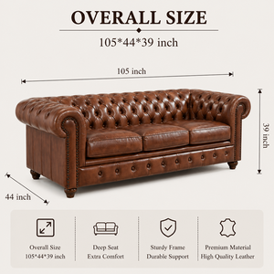Sofá Clásico de Cuero Marrón de 3 Plazas, Estilo Chesterfield con Detalles de Tachuelas y Brazos Enrollados, Mueble Atemporal para Sala de Estar - Product Image 2