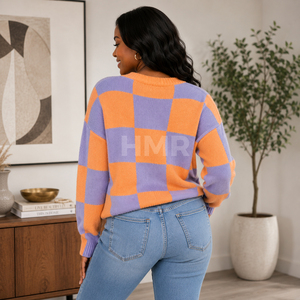 HMR Acrylic Sisterhood Sorority Orange Purple Plaid Knitted <b>Cardigan</b> Long Sleeve Crew Neck <b>Button</b> Front Casual - Product Image 4