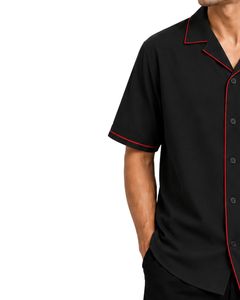 Chemise Homme Personnalisée Col Cubain Noir avec Passepoil Rouge Décontractée Manches Courtes Été Streetwear Tendance Coupe Oversize - Product Image 3