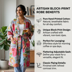 Bata Kimono de Algodón con Estampado Floral Gris para Mujer, Cuello en V, Manga Larga, Ropa de Estar por Casa, Bata de Baño con Cinturón Ajustable y Bolsillos - Product Image 4