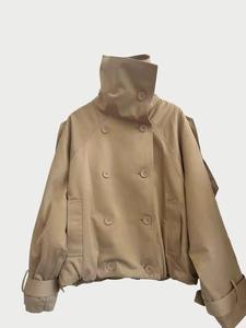 Abrigo Corto de Invierno Estilo Británico, Cuello Alto, Mangas Raglán, Cierre Cruzado Vintage, Reversible, Ecológico, Holgado - Product Image 6