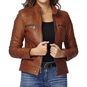 Fait à la main en peau de mouton marron cuir femmes court décontracté élégant Slim Fit fourrure décoration véritable Denim cuir veste coton - Product Image 2