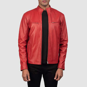 Chaqueta de Moto de Cuero Genuino Rojo para Hombre, Cuello Alto, Cierre de Cremallera, Corte Ajustado, Estilo Casual para Otoño, Venta al Por Mayor - Product Image 1