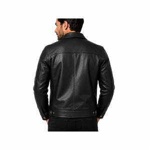 Veste moto en cuir véritable noir pour homme, col rabattu, fermeture éclair, coupe classique, pour l'automne - Product Image 2