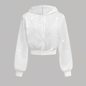 Sweat-shirt à capuche court pour femme avec fermeture éclair et strass blancs, anti-boulochage et respirant - Product Image 2
