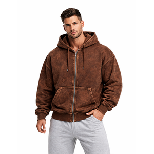 Nouveau design, coupe classique, sweat à capuche zippé épais 430g, 100% coton, marron délavé à l'acide, polaire, séchage rapide, anti-plis, unisexe, streetwear - Product Image 3