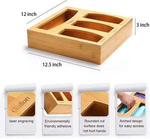 Eco Bamboo Ziplock Bag Storage <b>Organizer</b> Box for <b>Drawer</b> Wall Mount 4 Compartment Food Bag Dispenser Gallon Quart Sandwich - Product Image 3