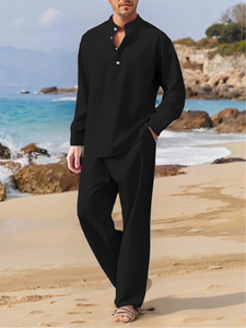 Ensemble d'été décontracté pour homme : chemise respirante et pantalon uni, idéal pour les voyages et la plage - Product Image 1