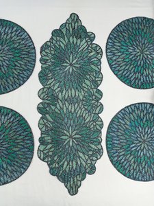 Handmade Embroidered Fabric <b>Table</b> <b>Runner</b> Leaf Shape <b>Green</b> Bohemian Design Decorative Mat - Product Image 5