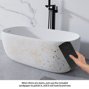 Vasca da Bagno Moderna Freestanding in Resina Effetto Pietra da 51FT, Vasca Bianca in Solid Surface con Troppopieno e Scarico Pop-up - Product Image 3