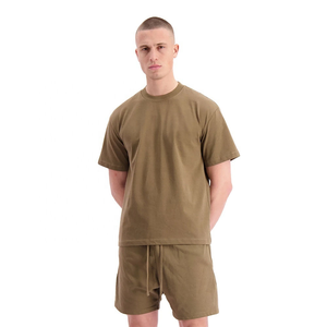 Ensemble t-shirt et short pour homme, vert olive, col rond, couleur unie, tricoté, décontracté, tenue d'été, respirant, 100% coton - Product Image 1
