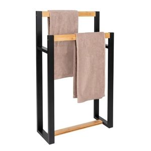 Contemporary Black Metal Wooden <b>Bar</b> Towel Rack <b>Freestanding</b> Holder Bathroom Organizer Stylish Durable Minimal Structure - Product Image 1