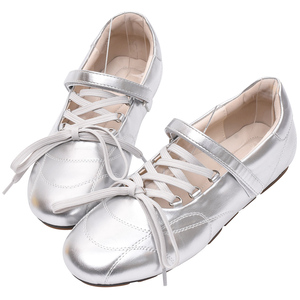 Chaussures plates décontractées Ann'S pour femmes en cuir velours argenté, style ballerines Mary Jane à lacets et bout rond - Product Image 1