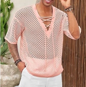 Camisetas de malla transparente para hombre, camisetas interiores de seda helada, camisetas básicas transparentes, camisetas sexys para fitness y culturismo, camiseta rosa con hombros caídos - Product Image 2