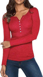 Women's Knitted Solid Color <b>Long</b> <b>Sleeve</b> V-neck T-Shirt with Button Front Casual Regular Fit Full <b>Sleeve</b> <b>Top</b> Spring 100% Cotton - Product Image 2