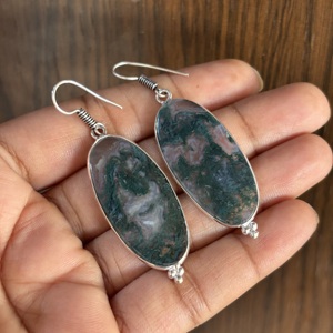Boucles d'oreilles pendantes en argent plaqué 925 style bohème, avec agate mousse naturelle, bijoux fantaisie pour femme, idéales pour les soirées - Product Image 3