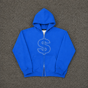 Sweat à capuche bleu oversize avec logo dollar brodé, streetwear personnalisé, unisexe, tendance - Product Image 5