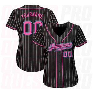 Camiseta de Béisbol Auténtica Personalizada con Rayas Blancas y Negras y Detalles en Rosa y Azul Claro, Sublimación Personalizada - Product Image 3