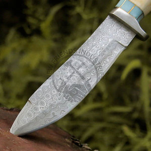 Couteau Bowie à lame fixe en acier Damas sur mesure de 10,5 pouces, ambidextre, neuf, pour la chasse et la survie, avec manche en bois de cerf et turquoise, objet de collection - Product Image 3