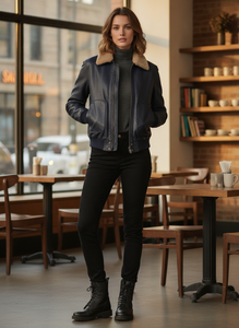 Chaqueta Bomber de Cuero Azul Marino para Hombre con Cuello de Piel, Cierre de Cremallera, Cuello Camisero, Ropa de Invierno - Product Image 6