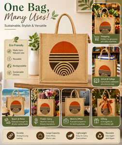 Bolsa de Yute Natural Extra Grande con Estampado Geométrico Circular de Atardecer, Bolsa de Compras Reutilizable Ecológica - Product Image 5