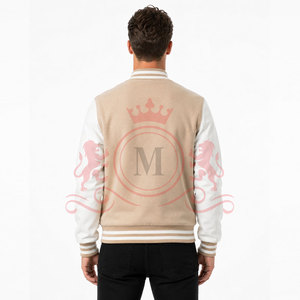 Refined Cream <b>White</b> Letterman <b>Jacket</b> Lightweight Material Button Closure Ribbed Finish Casual Everyday Outfit - Product Image 2