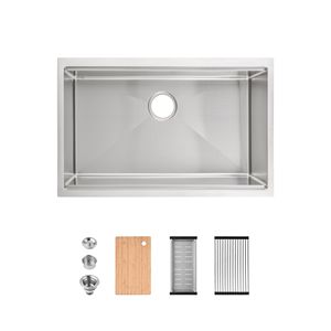 Lavello da Cucina Artigianale 76x48 cm in Acciaio Inox Spazzolato, Vasca Singola, Installazione Sottotop, con Tagliere e Scolapiatti, Design Rustico - Product Image 1