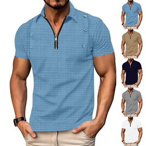 Modern Zipper Casual <b>Neck</b> <b>Polo</b> Gray Plaid Short Sleeve <b>Polo</b> Shirt Casual Zipper Button Collar <b>Top</b> - Product Image 5