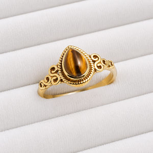 Natural Tiger Eye Pear Ring in Gold Finish Vintage Scroll Ring Brown Gemstone Handmade Jewelry for Women <b>Gift</b> - Product Image 5