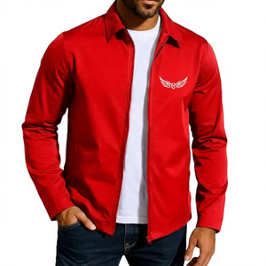 Veste zippée bleu marine pour homme avec broderie d'ailes, coupe-vent décontractée, col rabattable, manches longues, couleur unie - Product Image 4