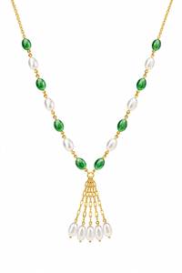 Collier personnalisé plaqué rhodium avec perles ovales vert émeraude et perles de riz, chaîne cascade à pampilles, pour femme, luxe, mariée - Product Image 2