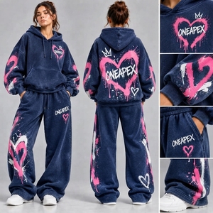 Ensemble de survêtement décontracté pour femme, bleu marine et rose, avec sweat à capuche imprimé cœur graffiti et pantalon de jogging large, tenue deux pièces - Product Image 6