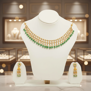 Traditional <b>Indian</b> Bridal Gold Plated Green Bead Choker Necklace <b>Set</b> with Pearl Drops Wedding <b>Jewelry</b> - Product Image 3