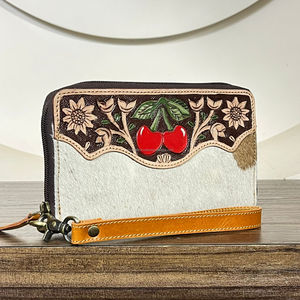 2026 Handcrafted Tooled Hair on Cowhide Leather Rfid Long Wallet <b>Purse</b> <b>Cute</b> Cherry Floral Multiple Card Organizer Women Clutches - Product Image 4