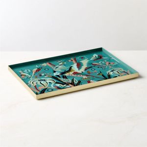 Bandeja de Metal Esmaltada Hecha a Mano, Rectangular, Decorativa, con Diseño de Aves Coloridas, para Decoración de Sala de Estar - Product Image 1