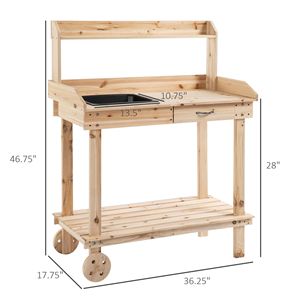Banco da Lavoro in Legno Naturale con Ampio Spazio di Stoccaggio, Ruote e Cassetto con Lavello, Panca da Giardino - Product Image 3