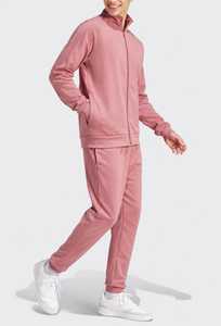 Men Pink Full <b>Zip</b> <b>Hooded</b> Tracksuit Solid Color Stand Collar Casual Spring Wear with Side Pockets Regular Fit Polyester - Product Image 2