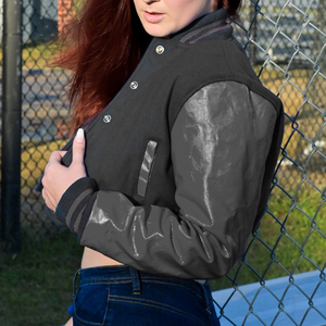 Chaqueta Corta Estilo Universitaria para Mujer, Color Azul Marino y Gris, Estilo Bomber, Mangas de Cuero Sintético, Ropa Exterior Informal, Moda Femenina - Product Image 4