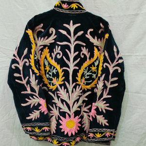 Blouson Bomber en Velours Noir avec Broderie Florale Moutarde Rose et Blanche, Col Montant, Doublure en Coton, Vêtement Décontracté pour Femme - Product Image 3