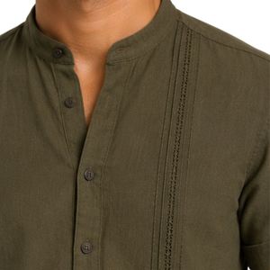 Camisa Casual de Lino y Algodón para Hombre, Color Verde Oliva, Cuello Mandarín, Manga Corta, Transpirable, Verano, Manga Enrollable, Logotipo Personalizado - Product Image 5