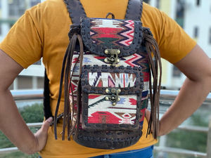 Réel Fait À La Main En Cuir Jacquard Élégant Look Vintage Sac À Dos - Product Image 4