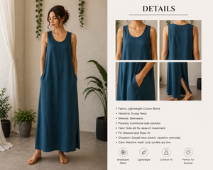 Vestido Maxi Boho sin Mangas de Lino/Algodón, Silueta en A, Cuello Redondo, Diseño Vintage Ecológico, Ropa de Oficina para Todas las Temporadas - Product Image 3