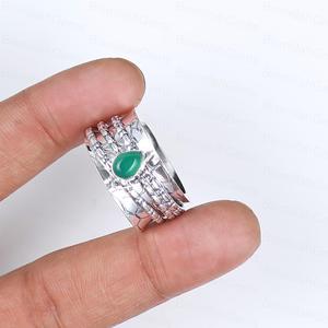 Vintage 925 Sterling <b>Silver</b> Green Onyx Spinner <b>Ring</b> for Anxiety Relief <b>Boho</b> Teardrop Green Chalcedony Meditation Handmade <b>Ring</b> - Product Image 3