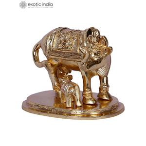 2 Inches Gold-Plated Brass <b>Statue</b> of Mother Cow with Calf Handmade Sculpture for Home Decor and Gifting Made In India - Product Image 4