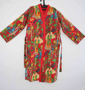 Bata Kimono con Estampado de Dibujos Animados para Mujer, Suave y Transpirable, 100% Algodón, Camisón de Verano Hecho a Mano, Cuello en V, Cintura Elástica, Largo Completo - Product Image 1