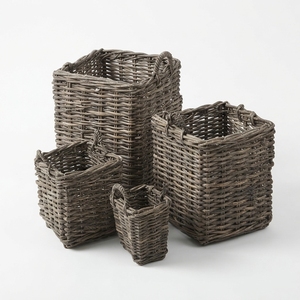 Handcrafted Kubo rattan square planter <b>basket</b> plastic liner woven grey wicker storage bin indoor outdoor <b>plant</b> pot home decor - Product Image 1