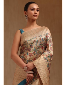Sari KV para Mujer, Color Beige, Chanderi, con Estampado Floral Kalamkari y Blusa sin Coser - Product Image 1