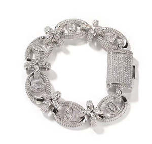 Iced Out 925 <b>Silver</b> Floral Cuban Bracelet Round Cut VVS Moissanite Diamond Luxury Flower Link Bracelet <b>For</b> <b>Men</b> Women - Product Image 1