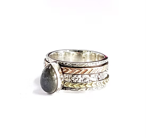 Handmade <b>Silver</b> 925 Pear Shaped Labradorite Spinner <b>Ring</b> - <b>Boho</b> Textured Multi Band Statement Fidget Jewelry - Product Image 2