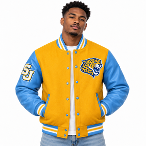 Chaqueta Universitaria Southern University Jaguars, Chaqueta Letterman Personalizada HBCU Dorada y Azul, Mangas de Cuero y Lana Bordadas, Venta al Por Mayor - Product Image 3